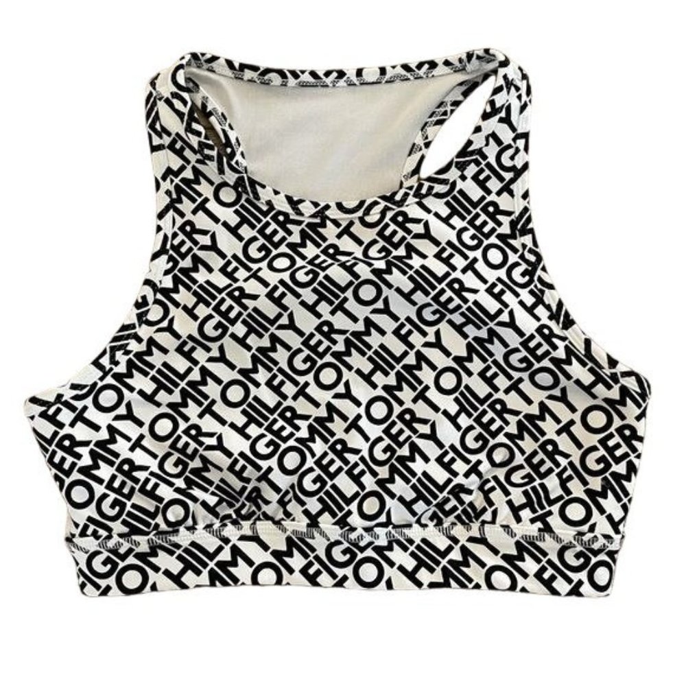 All Over Logo Tommy Hilfiger Racerback Athletic Sports Bra Top Black & White S/P